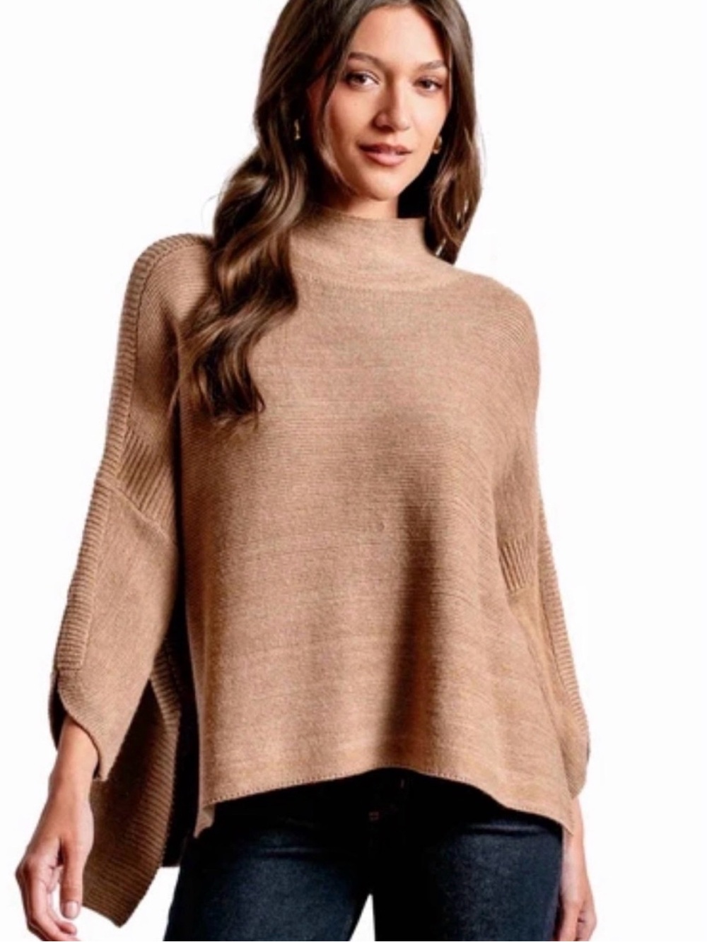 Karisma Relaxed Tan Mock Neck Tunic Sweater